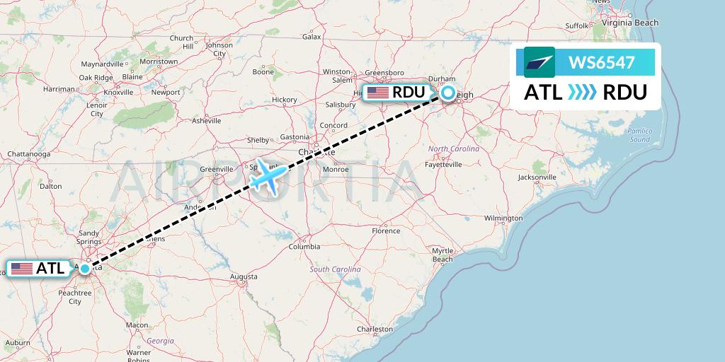 WS6547 WestJet Flight Map: Atlanta to Raleigh-Durham