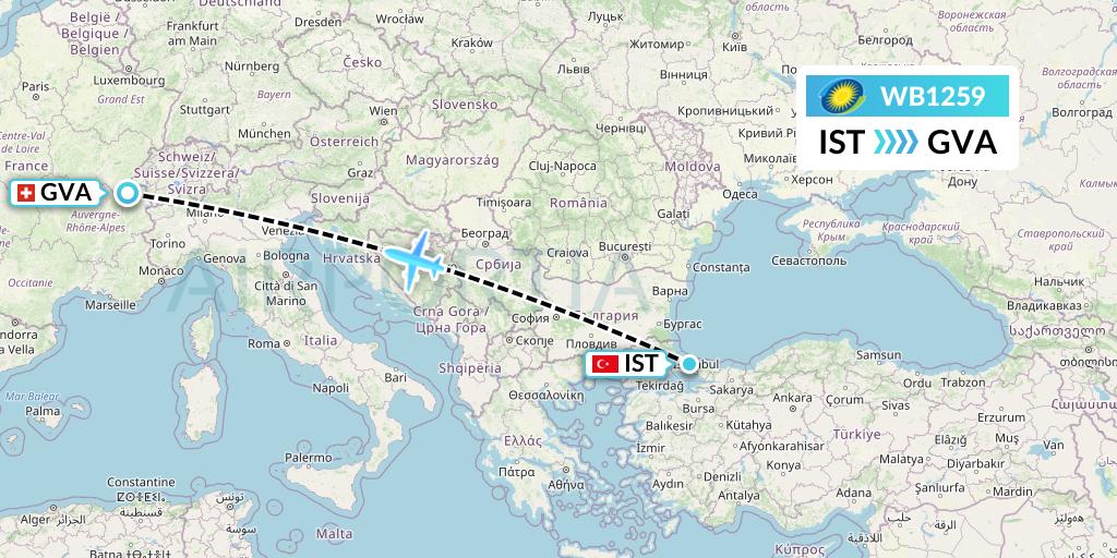 WB1259 RwandAir Flight Map: Istanbul to Geneva