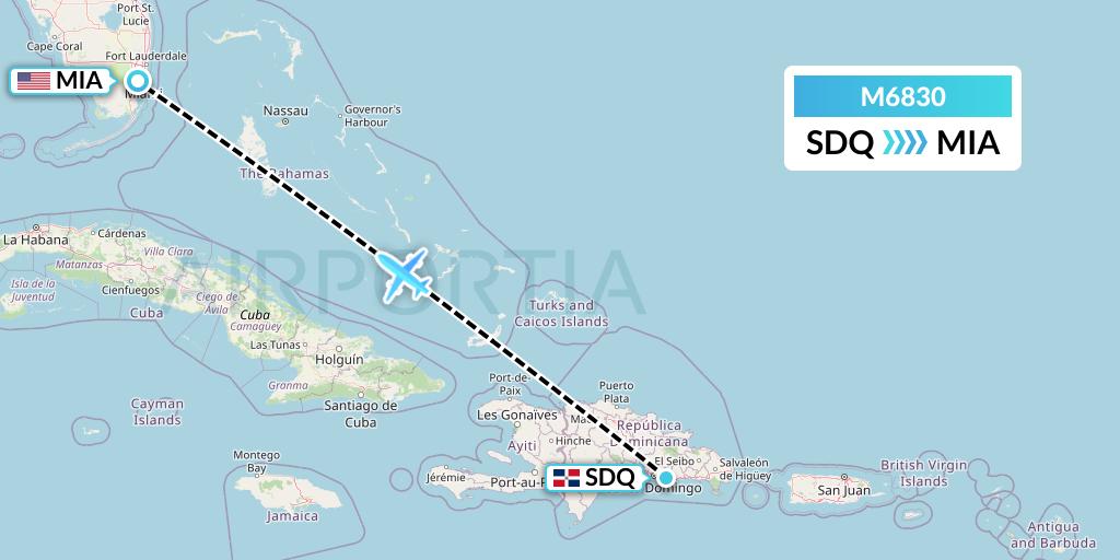 M6830 Amerijet International Flight Map: Santo Domingo to Miami