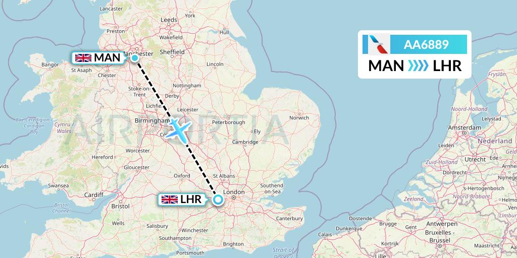AA6889 American Airlines Flight Map: Manchester to London