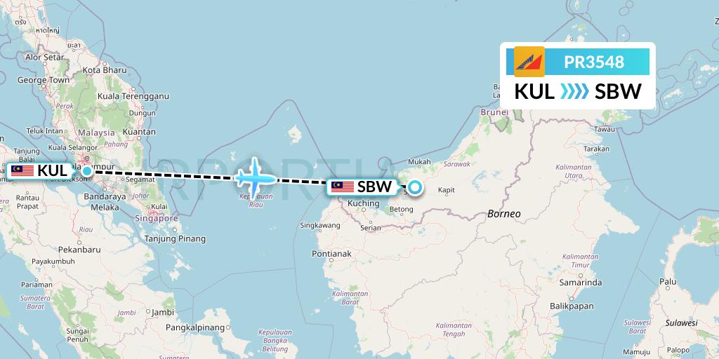 PR3548 Philippine Airlines Flight Map: Kuala Lumpur to Sibu