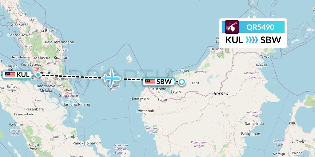 QR5490 Qatar Airways Flight Map: Kuala Lumpur to Sibu