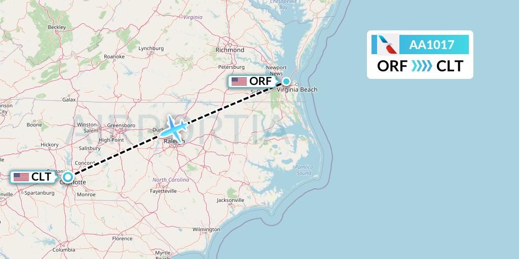 AA1017 American Airlines Flight Map: Norfolk to Charlotte