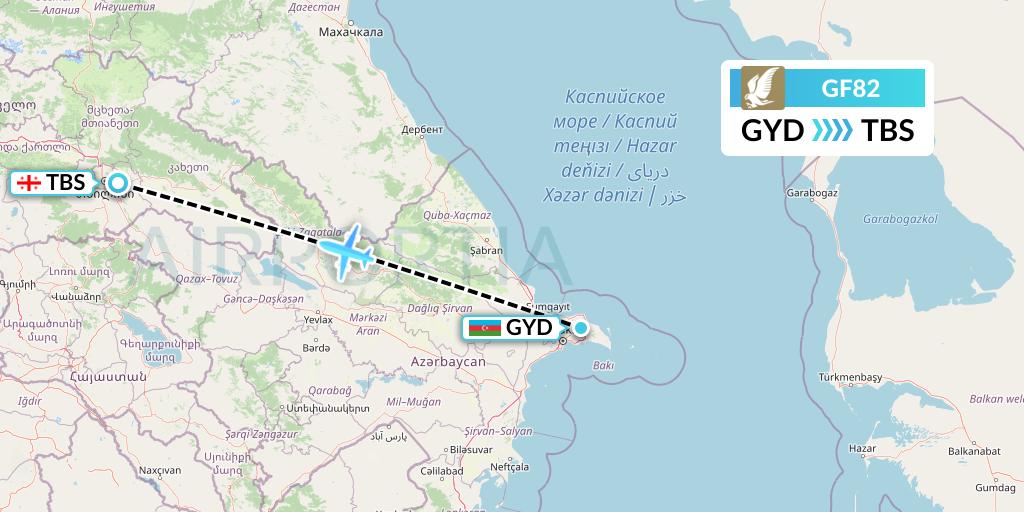 GF82 Gulf Air Flight Map: Baku to Tbilisi