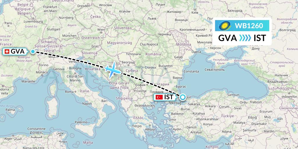 WB1260 RwandAir Flight Map: Geneva to Istanbul