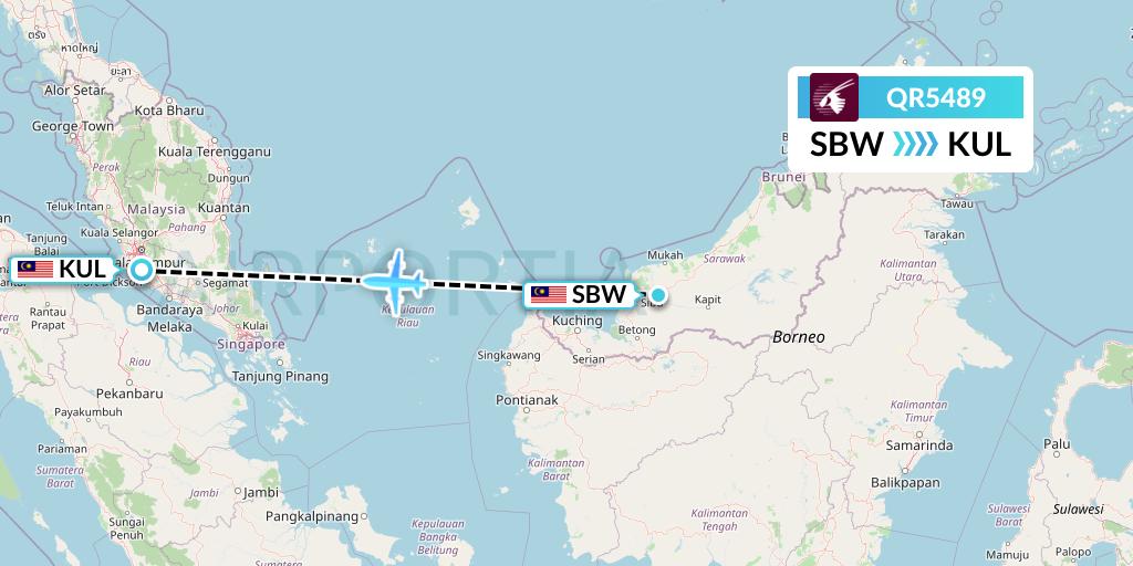 QR5489 Qatar Airways Flight Map: Sibu to Kuala Lumpur