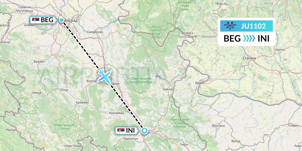 JU1102 AirSERBIA Flight Map: Belgrade to Nis