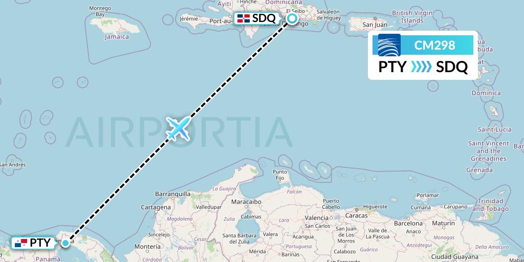 CM298 Copa Airlines Flight Map: Panama City to Santo Domingo