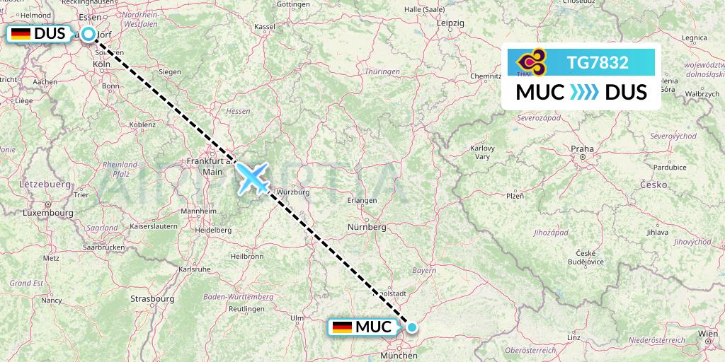 TG7832 Thai Airways Flight Map: Munich to Dusseldorf