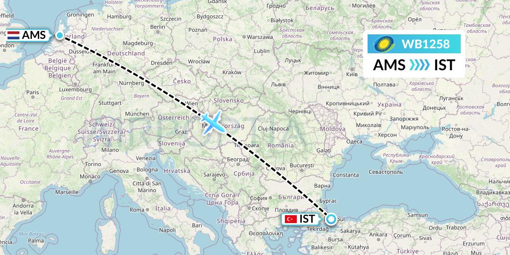 WB1258 RwandAir Flight Map: Amsterdam to Istanbul