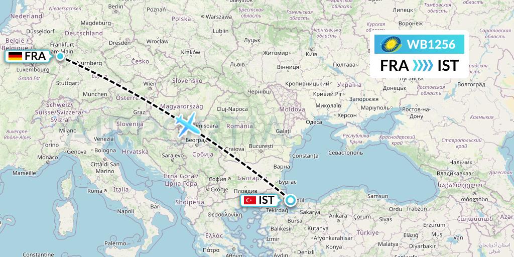 WB1256 RwandAir Flight Map: Frankfurt to Istanbul