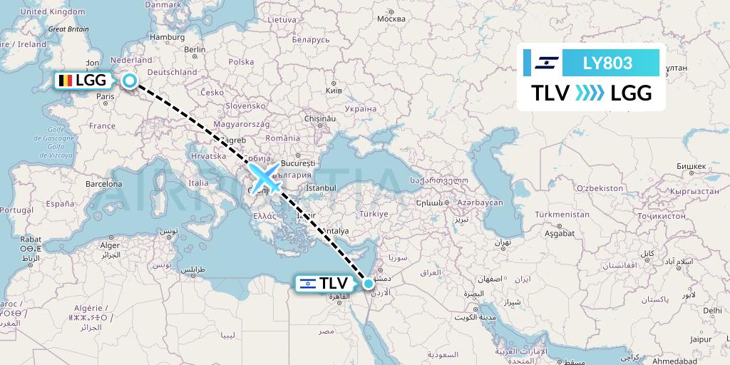 LY803 El Al Flight Map: Tel Aviv to Liege