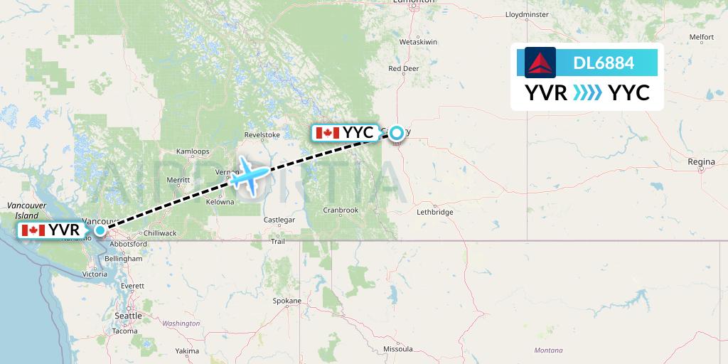 DL6884 Delta Air Lines Flight Map: Vancouver to Calgary