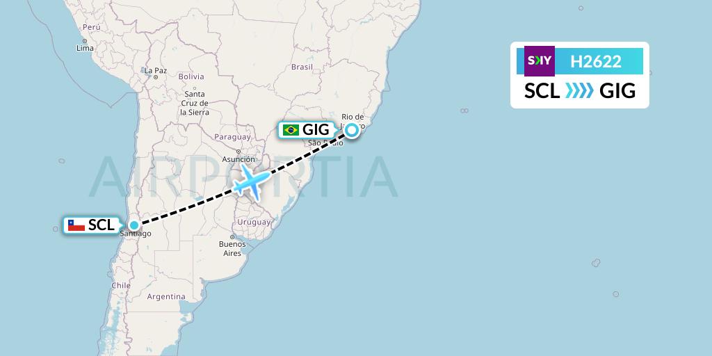 H2622 Sky Airline Flight Map: Santiago to Rio de Janeiro