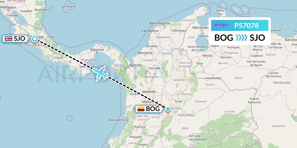 P57078 Copa Airlines Colombia Flight Map: Bogota to San Jose