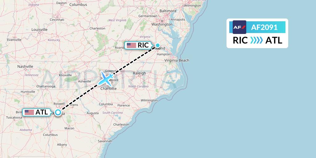 AF2091 Air France Flight Map: Richmond to Atlanta