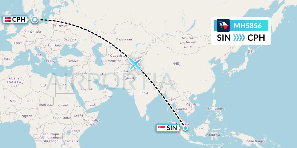 MH5856 Malaysia Airlines Flight Map: Singapore to Copenhagen