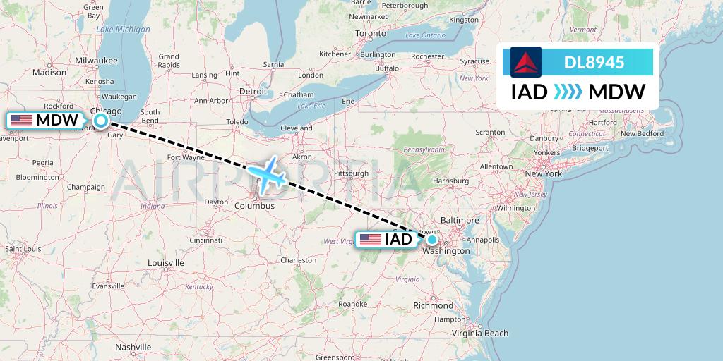DL8945 Delta Air Lines Flight Map: Washington to Chicago