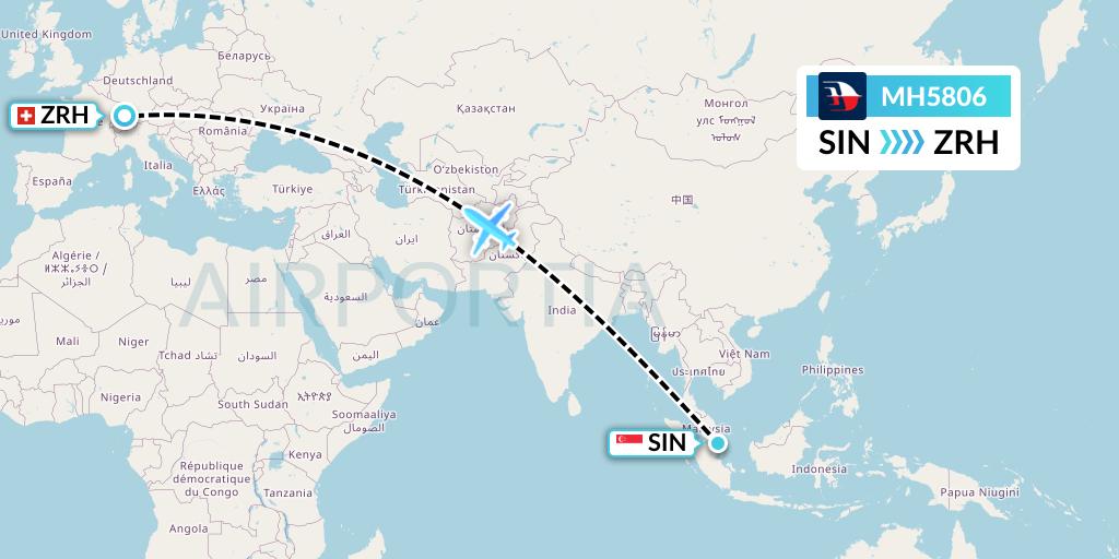 MH5806 Malaysia Airlines Flight Map: Singapore to Zurich