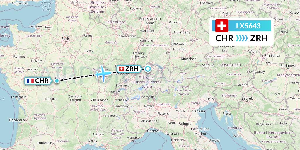 LX5643 Swiss Flight Map: Chateauroux to Zurich