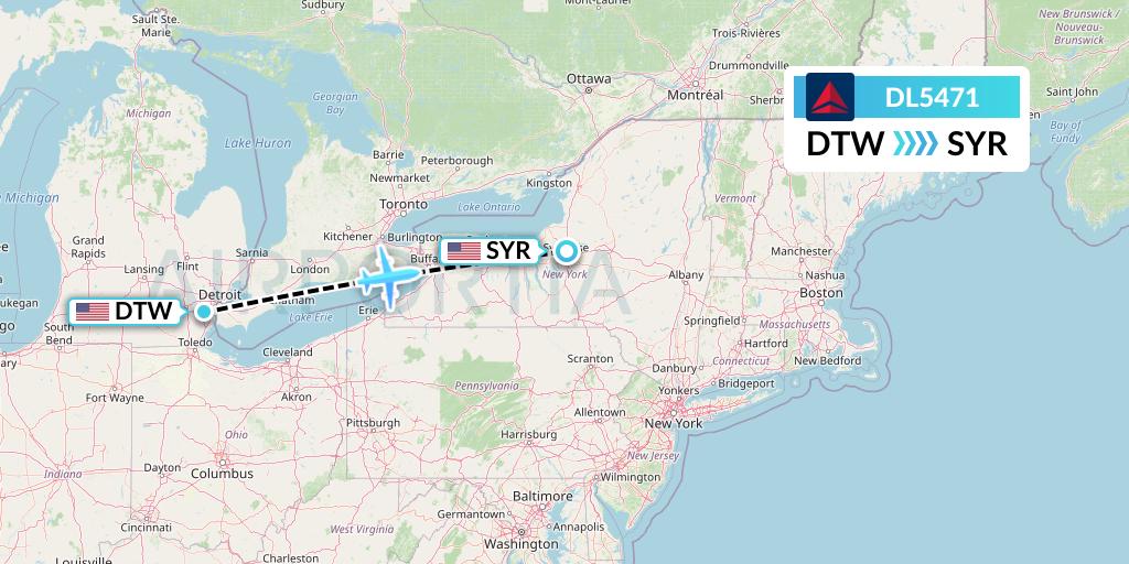 DL5471 Delta Air Lines Flight Map: Detroit to Syracuse