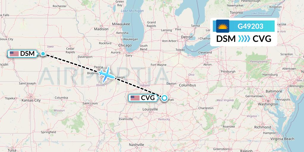 G49203 Allegiant Air Flight Map: Des Moines to Cincinnati