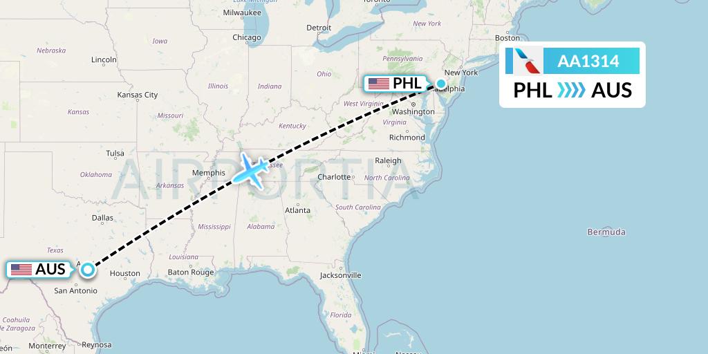 AA1314 American Airlines Flight Map: Philadelphia to Austin