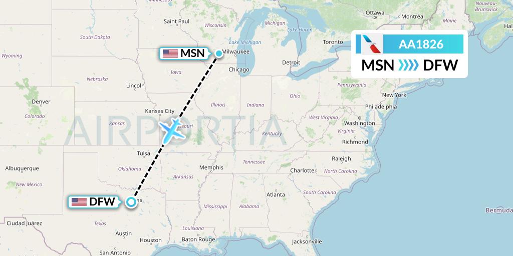 AA1826 American Airlines Flight Map: Madison to Dallas