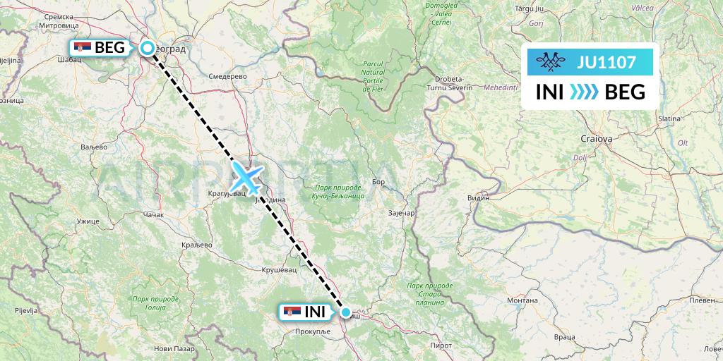 JU1107 AirSERBIA Flight Map: Nis to Belgrade
