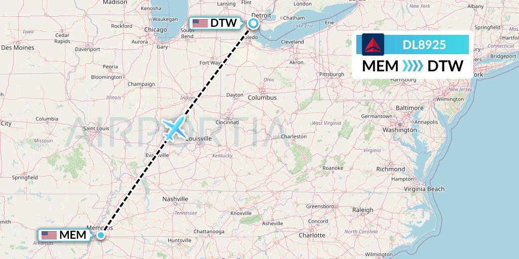 DL8925 Delta Air Lines Flight Map: Memphis to Detroit