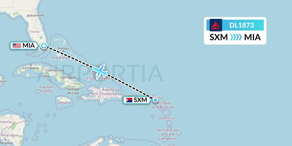 DL1873 Delta Air Lines Flight Map: Sint Maarten to Miami
