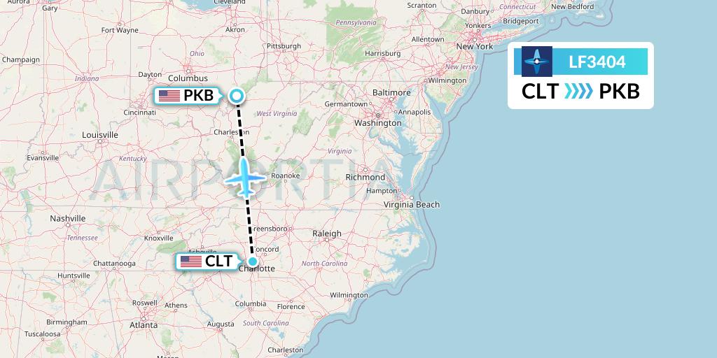 LF3404 Corporate Flight Management Flight Map: Charlotte to Parkersburg