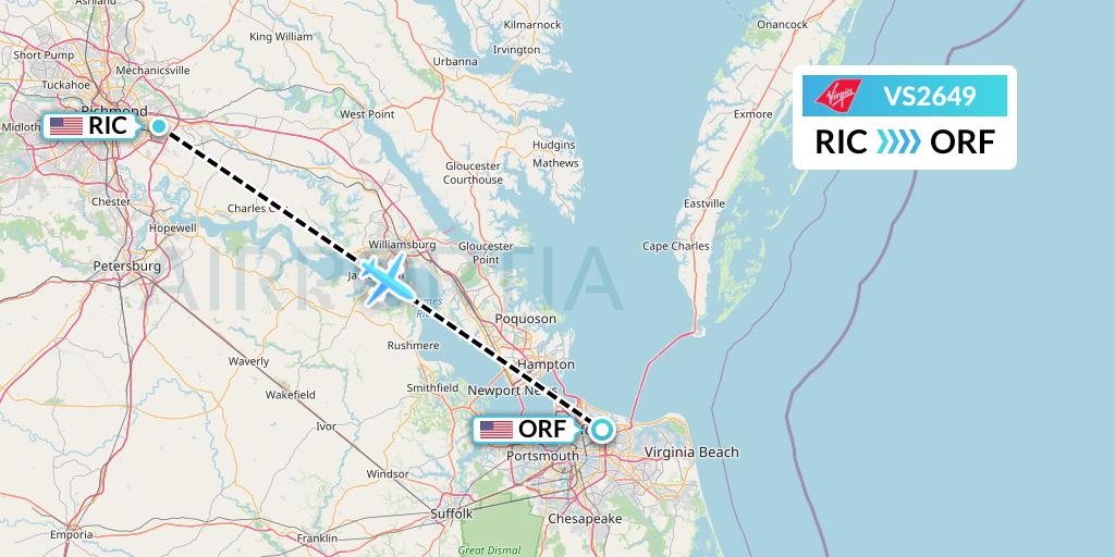 VS2649 Virgin Atlantic Airways Flight Map: Richmond to Norfolk