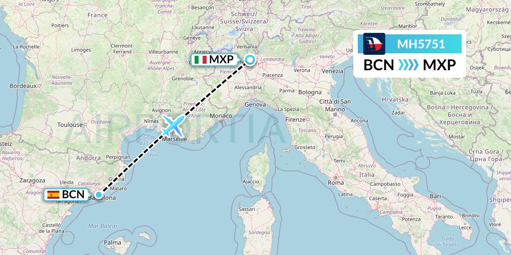 MH5751 Malaysia Airlines Flight Map: Barcelona to Milan