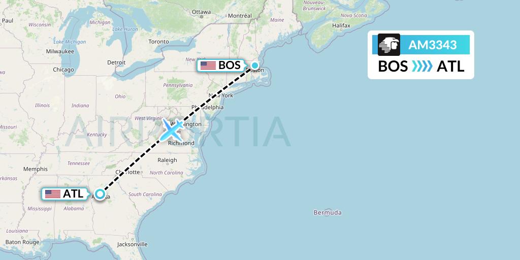 AM3343 Aeromexico Flight Map: Boston to Atlanta