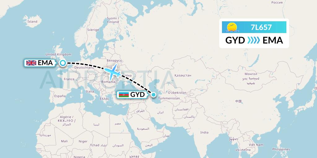 7L657 Silk Way West Airlines Flight Map: Baku to East Midlands