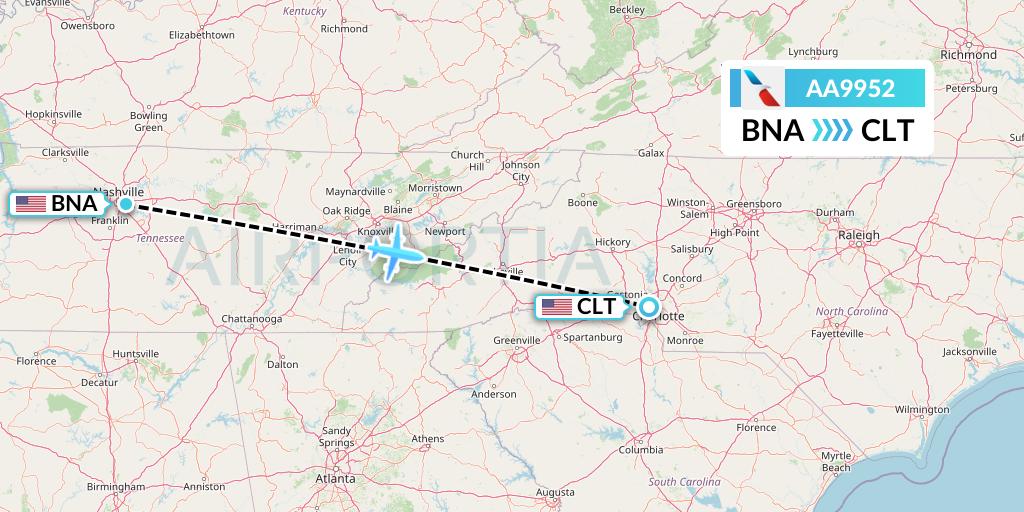 AA9952 American Airlines Flight Map: Nashville to Charlotte