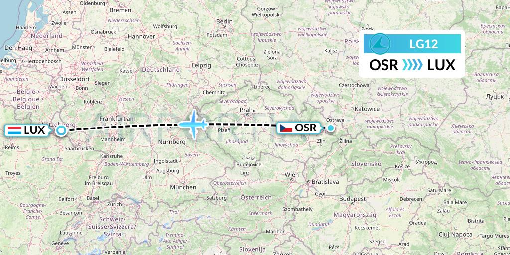 LG12 Luxair Flight Map: Ostrava to Luxembourg
