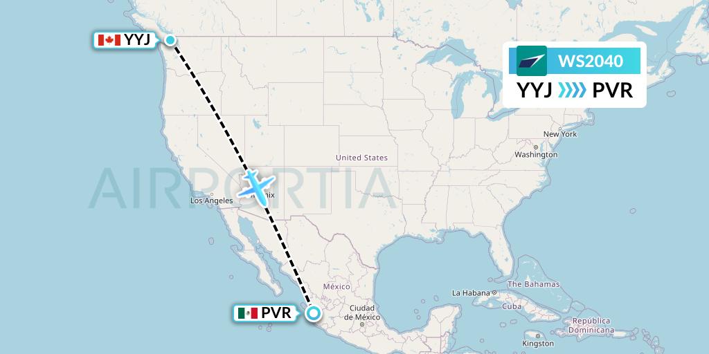 WS2040 WestJet Flight Map: Victoria to Puerto Vallarta