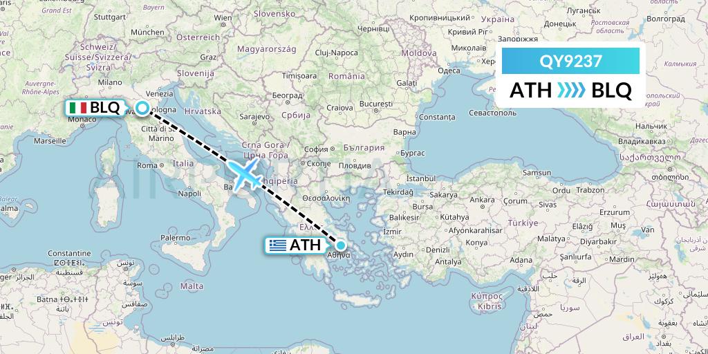 QY9237 European Air Transport Flight Map: Athens to Bologna