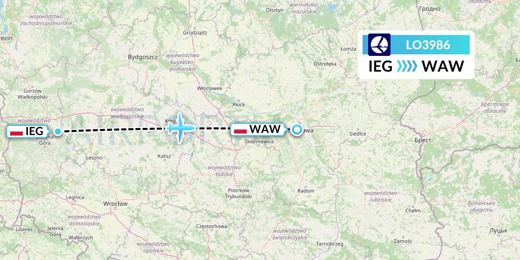LO3986 LOT Flight Map: Zielona Gora to Warsaw