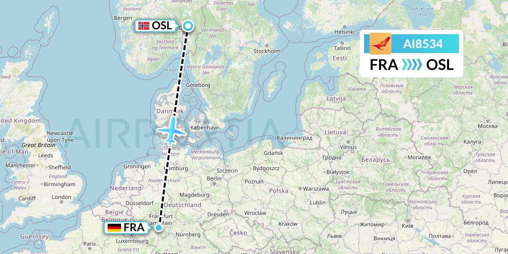 AI8534 Air India Flight Map: Frankfurt to Oslo