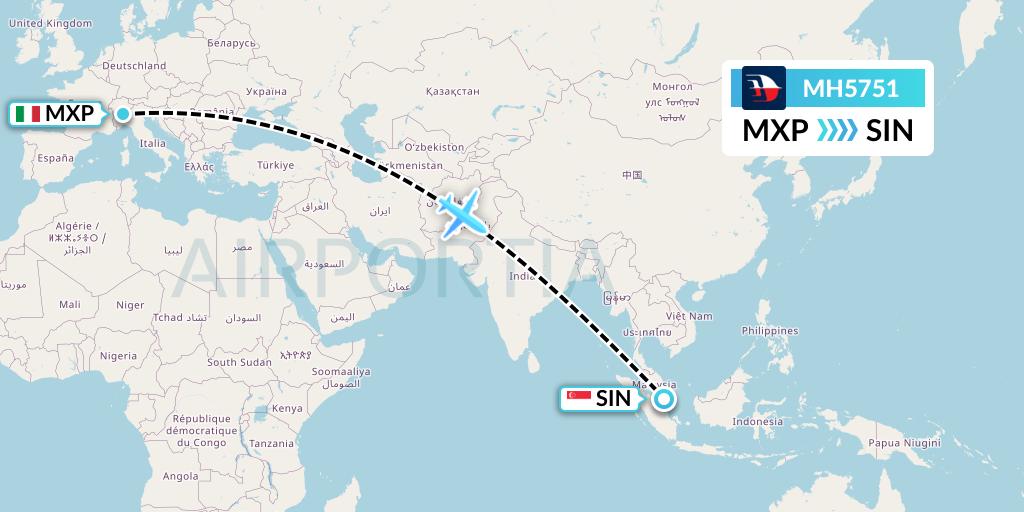MH5751 Malaysia Airlines Flight Map: Milan to Singapore