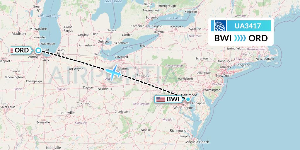 UA3417 United Airlines Flight Map: Baltimore to Chicago