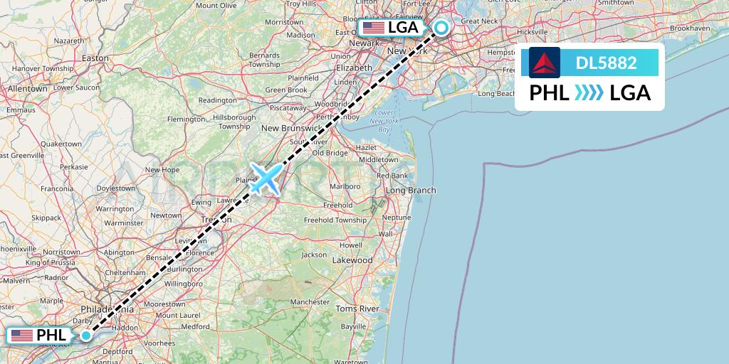 DL5882 Delta Air Lines Flight Map: Philadelphia to New York