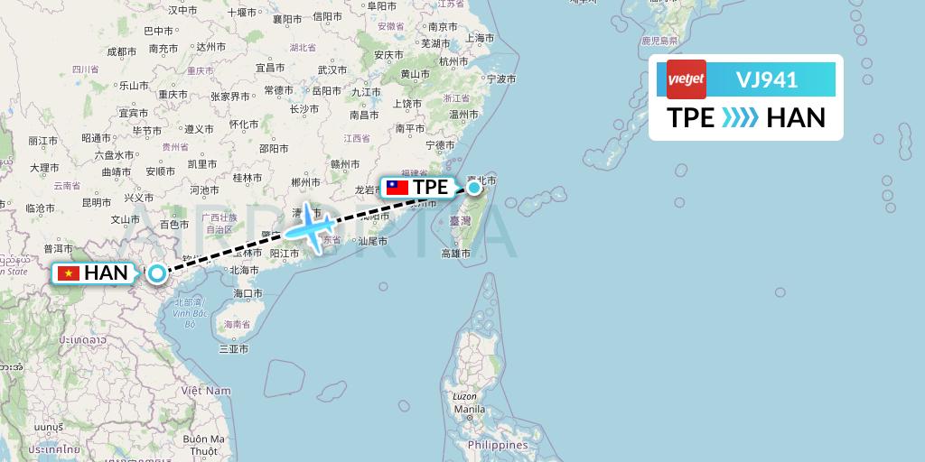 VJ941 VietJet Air Flight Map: Taipei to Hanoi