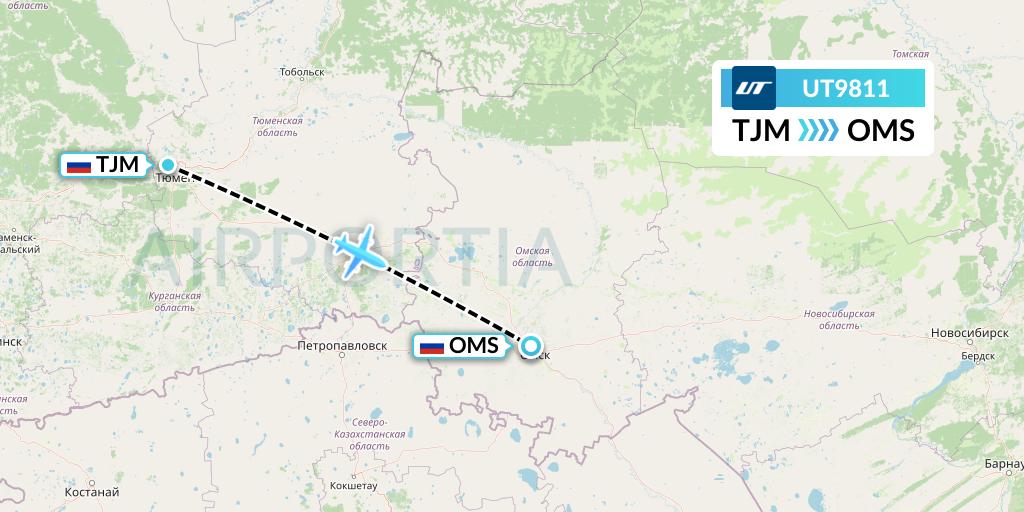 UT9811 UTair Flight Map: Tyumen to Omsk