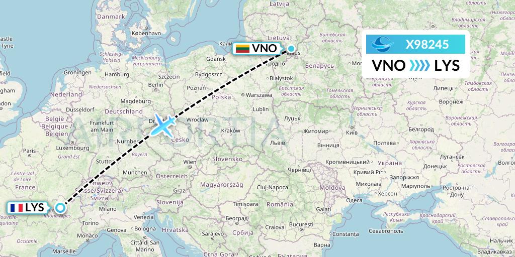 X98245 Avion Express Flight Map: Vilnius to Lyon