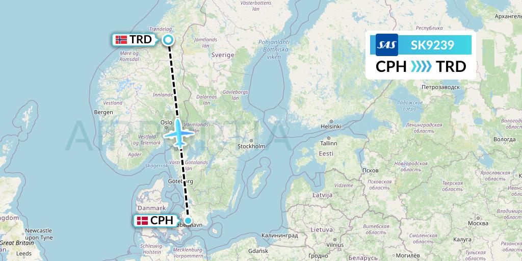 SK9239 SAS Flight Map: Copenhagen to Trondheim
