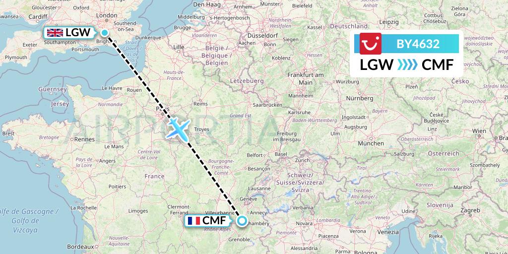 BY4632 TUI Airways Flight Map: London to Chambery